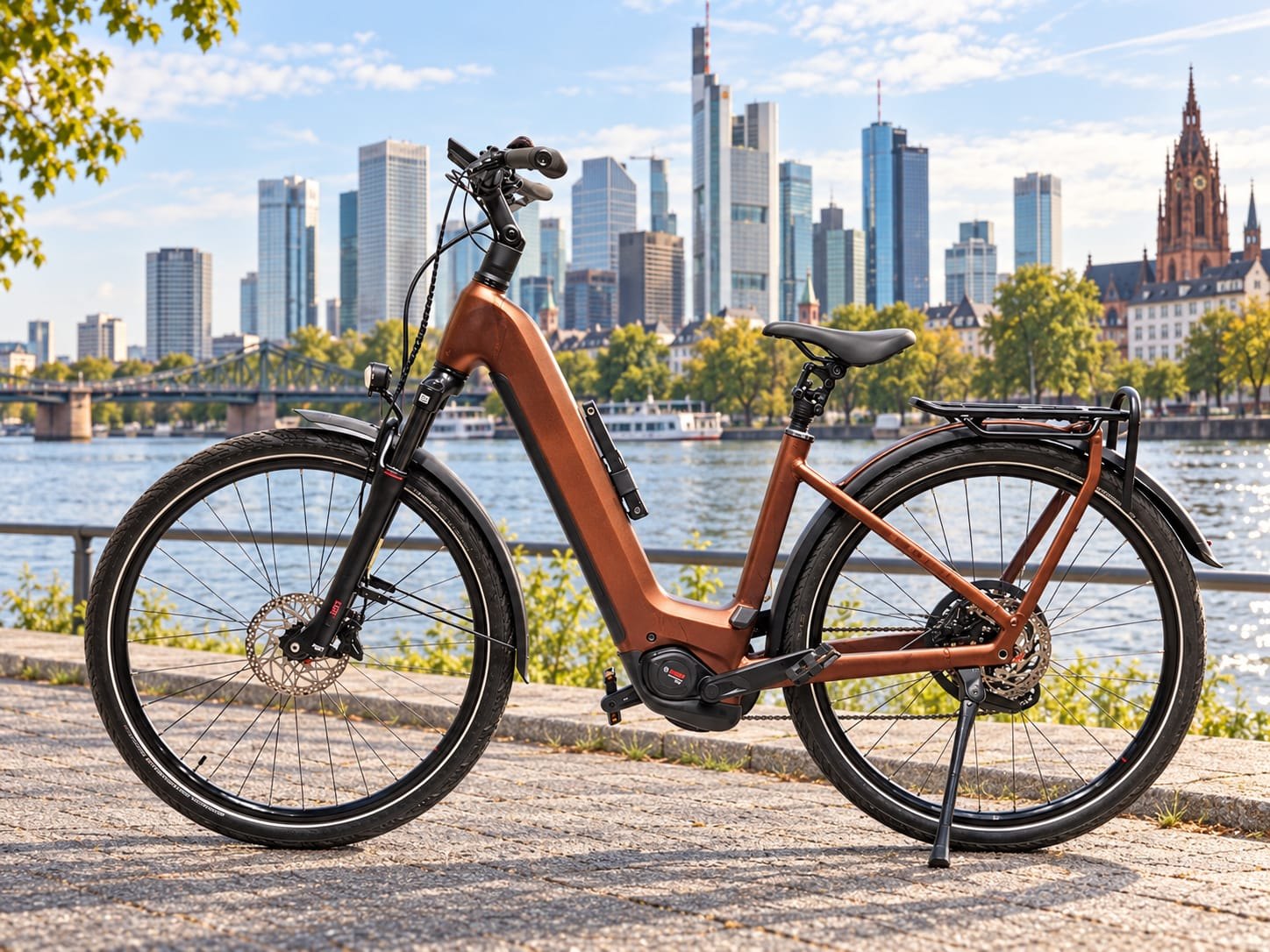 E-Bike am Mainufer vor der Frankfurter Skyline