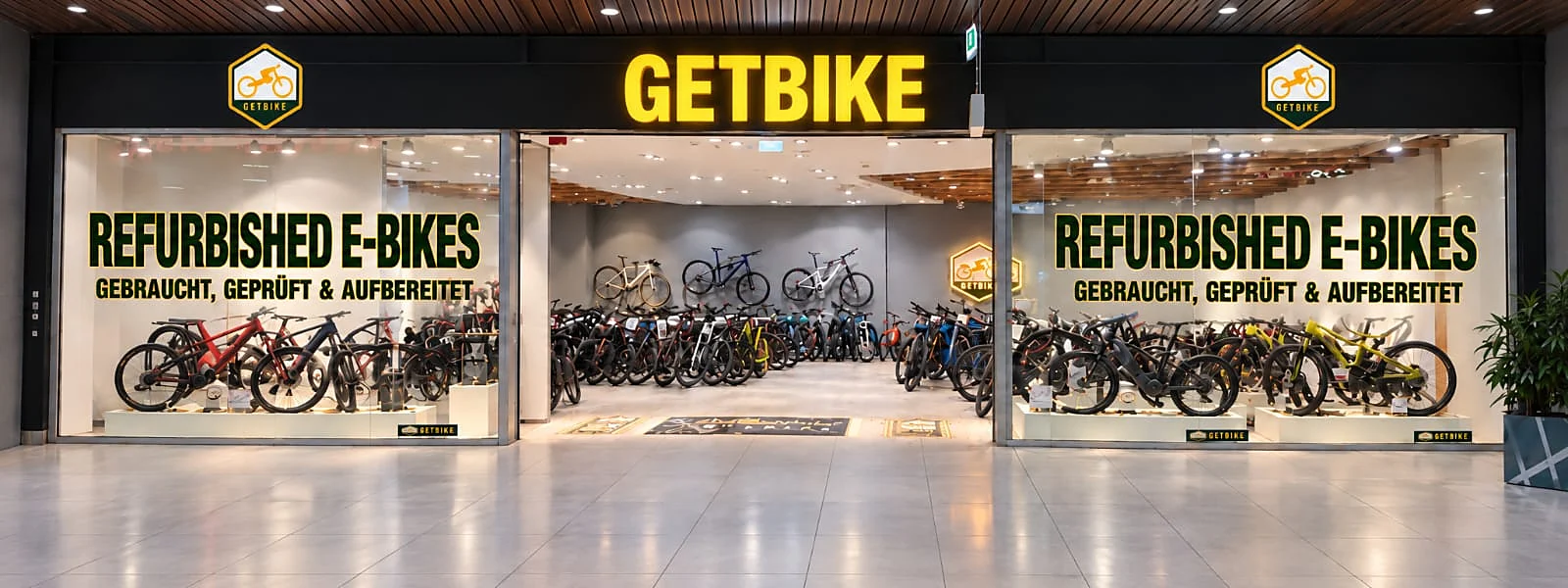 Ladenfront von Getbike mit Leuchtschrift und Schaufenstern